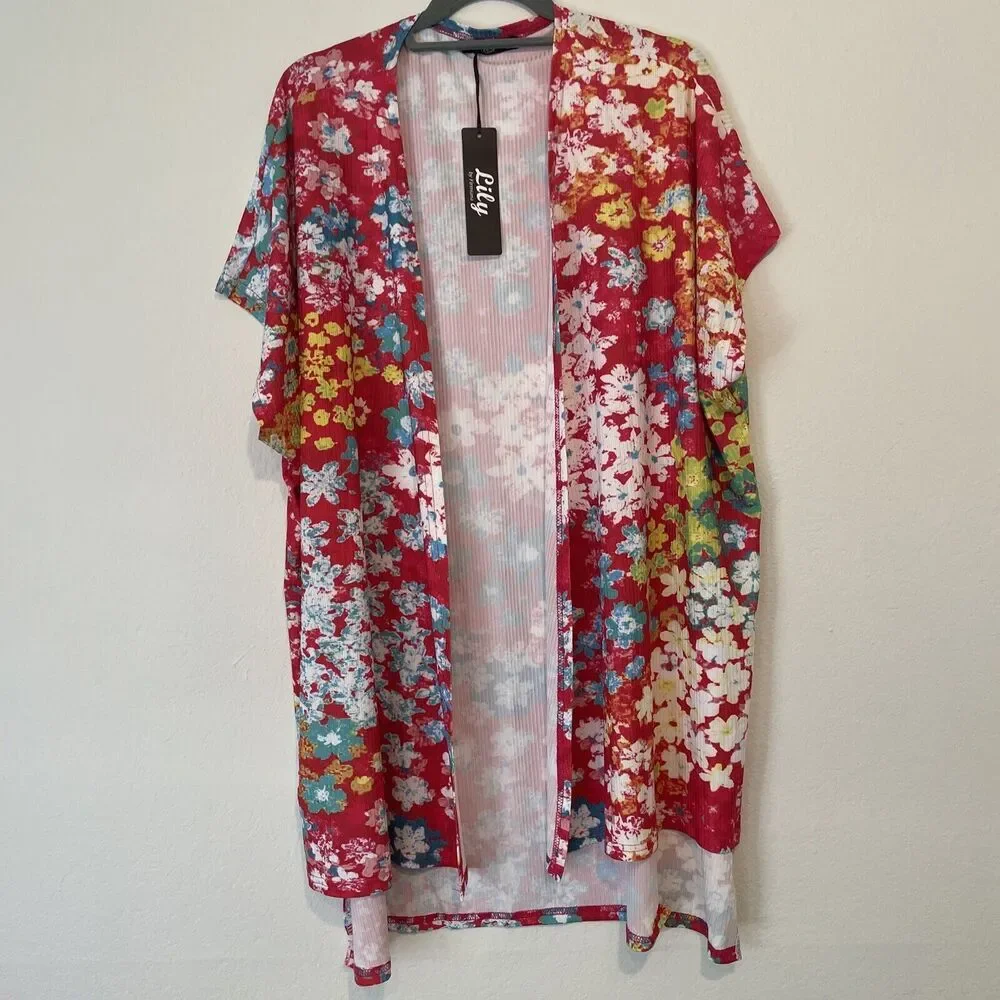 Lily by Firmiana Kimono Wrap Floral Satin L Multicolor Flowers Beach Coverup NEW